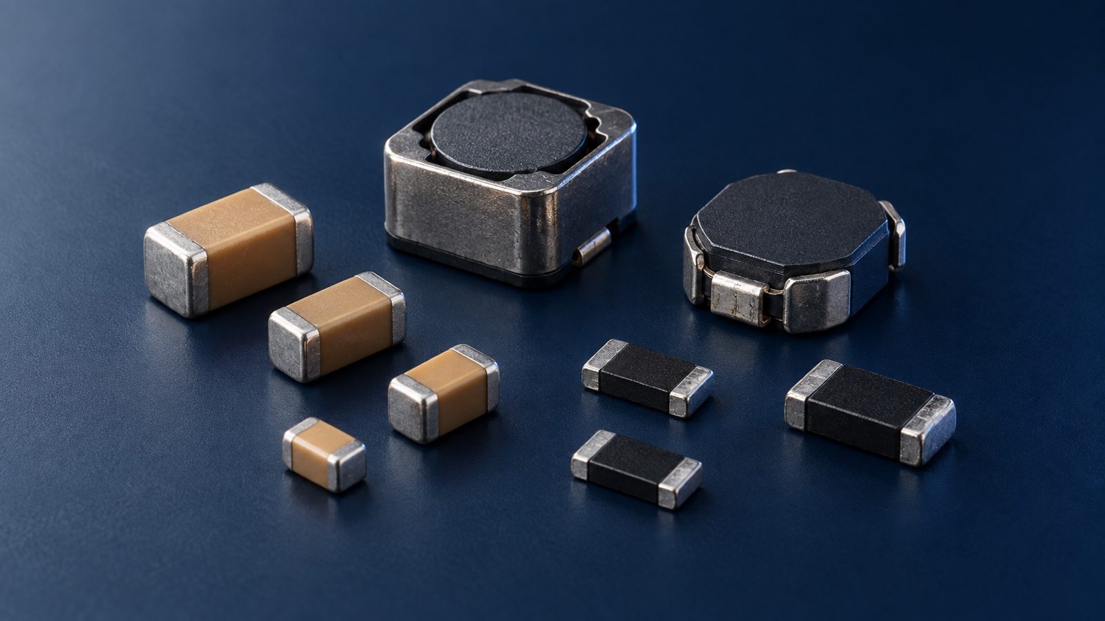 Assorted SMD capacitors and power inductors on a dark blue surface
