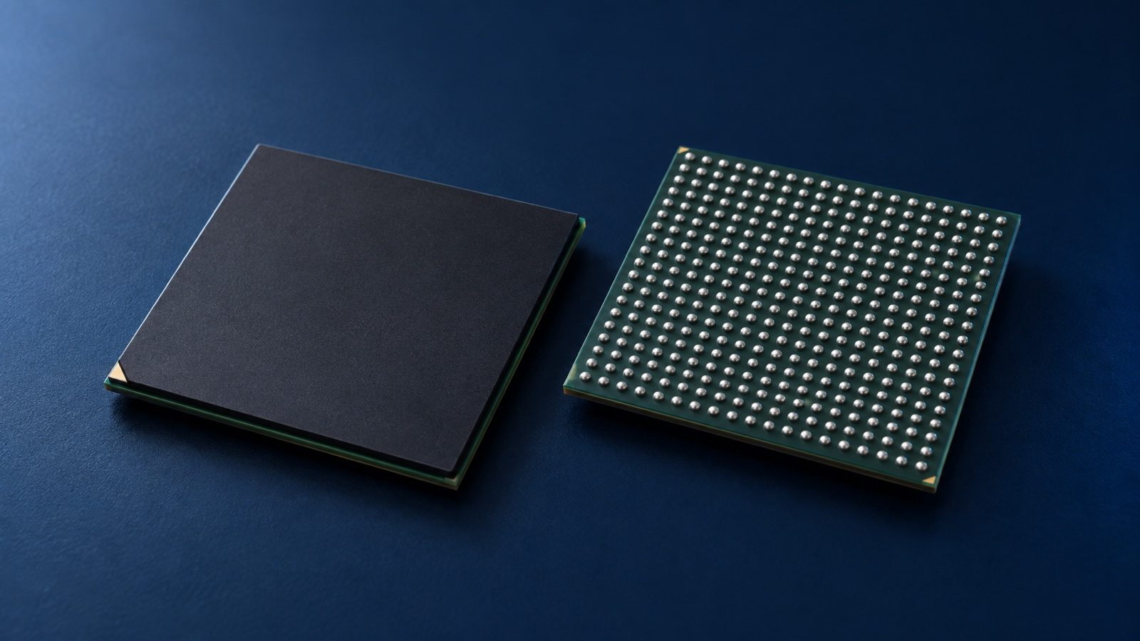 Two BGA packages, one showing its solder ball array, on a dark blue surface