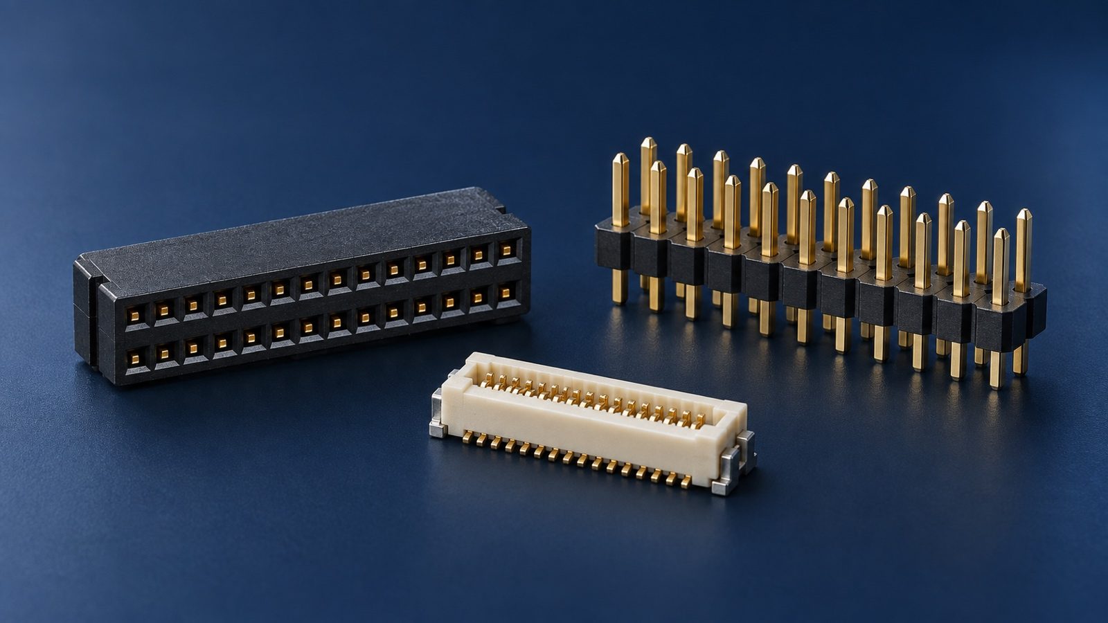 Pin header, female header and fine-pitch board-to-board connector on a dark blue surface