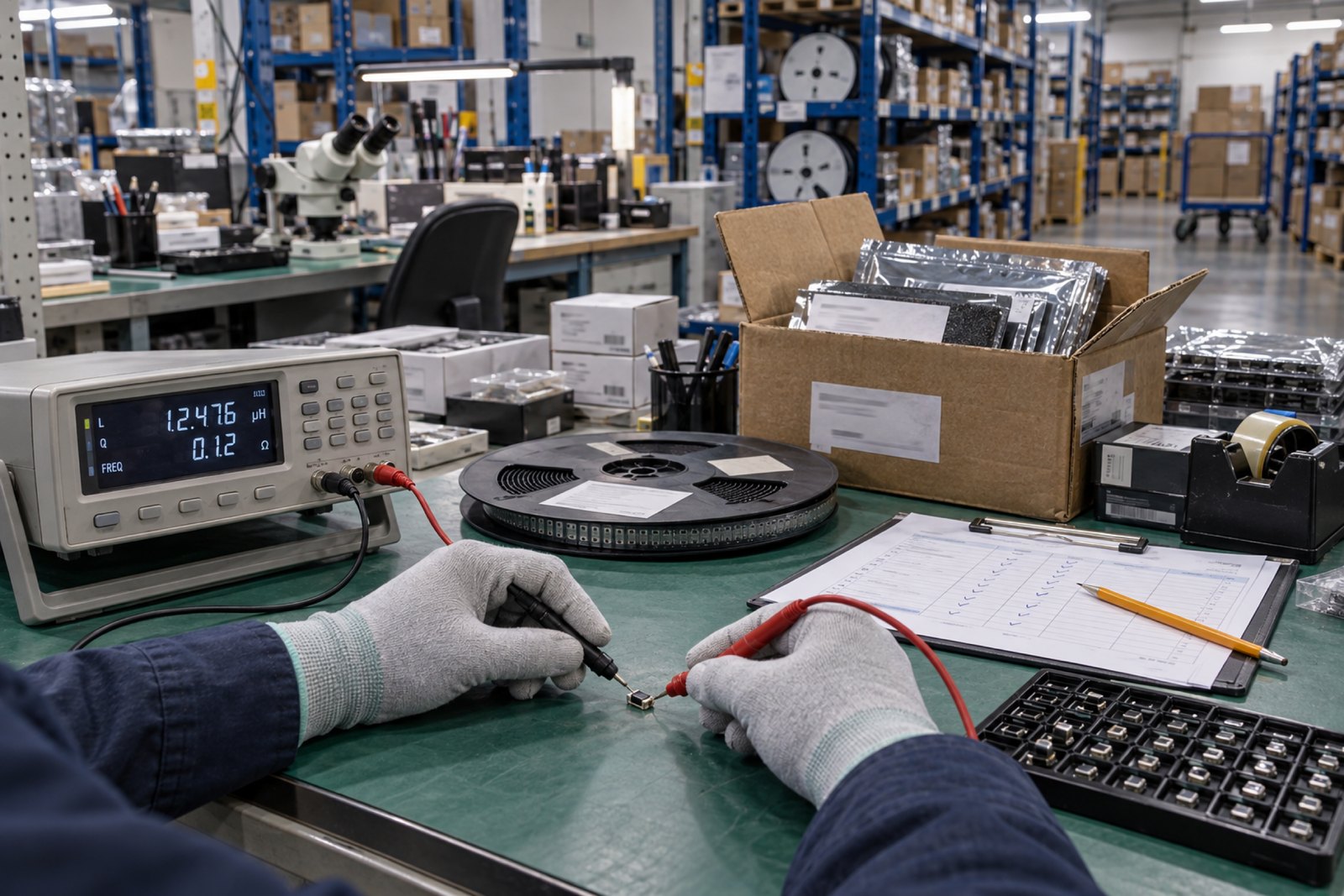 Gloved hands measuring a component with LCR test leads at an incoming-inspection bench, inspection sheet and reels beside