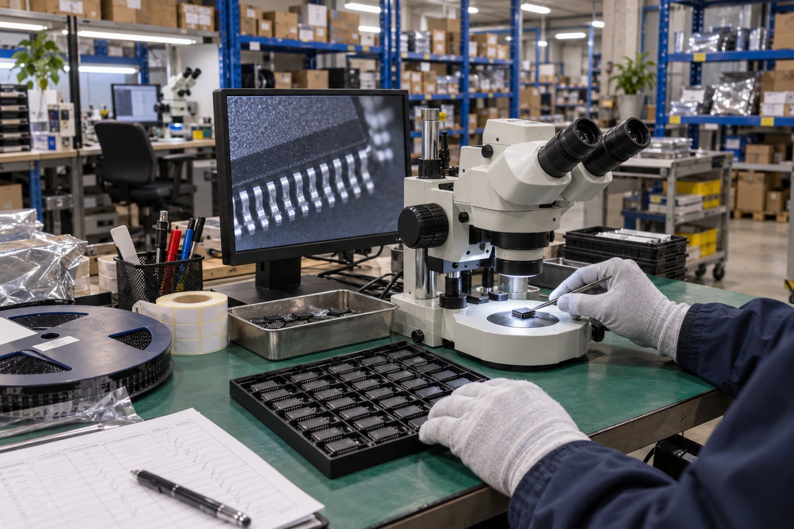 Gloved hands inspecting an IC under a stereo microscope, with a magnified view on the monitor