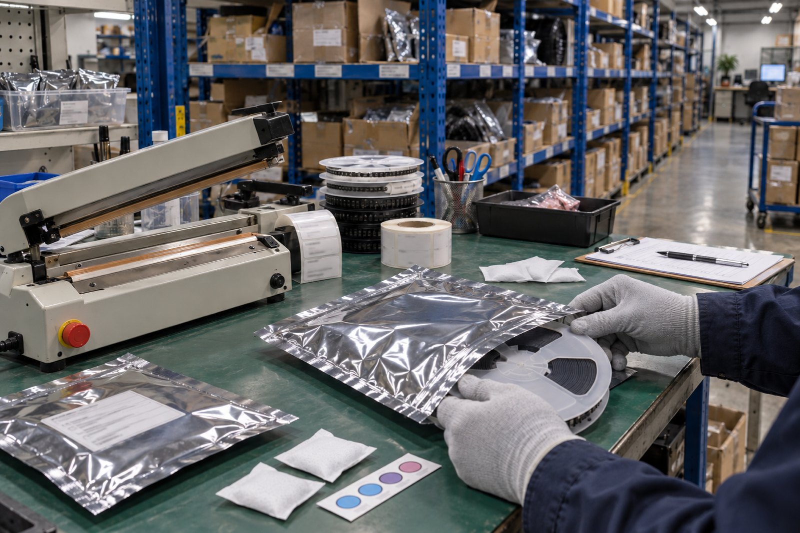 Gloved hands placing a component reel into a moisture barrier bag beside a heat sealer and desiccant packs